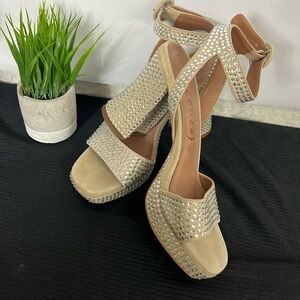 Anthropologie Vicenza Beige Platform Sparkly Ankle Straps High Heels - 4.5”